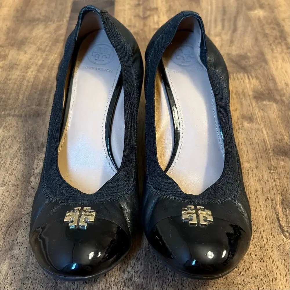 Tory Burch Jolie Ballet Wedge Leather Heel Gold Logo Round toe Black Women's 8.5